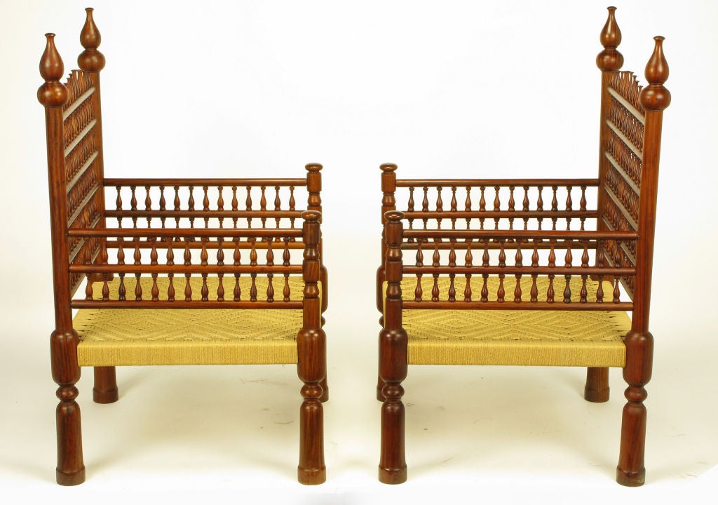 Pair Stately Teak & Rush Moroccan Throne Chairs 2