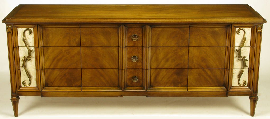 Romweber Figured Walnut Dresser With Crema Marble Inset Panels
