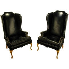 Vintage Pair 1960s Black Leather & Maple Wing Chairs By Hickory