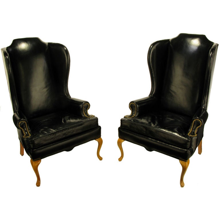 Pair 1960s Black Leather & Maple Wing Chairs By Hickory