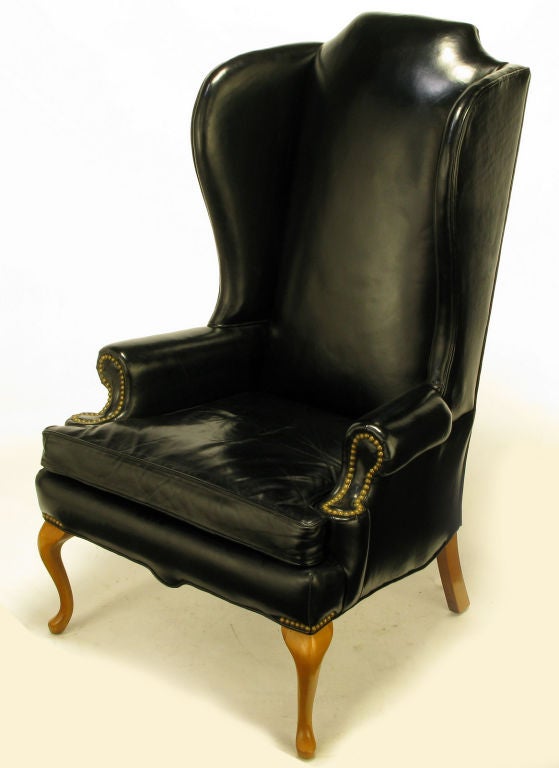 Mid-20th Century Pair 1960s Black Leather & Maple Wing Chairs By Hickory