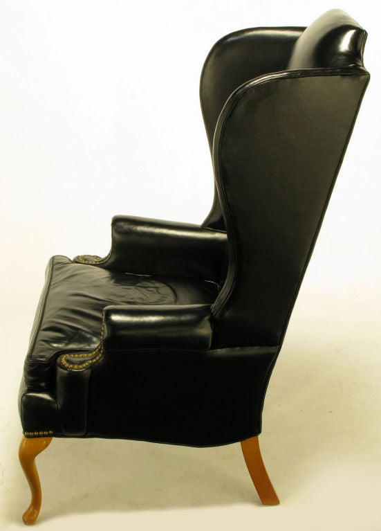 Pair 1960s Black Leather & Maple Wing Chairs By Hickory 2