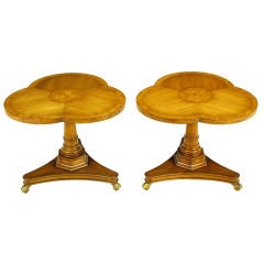 Pair Weiman Trefoil Walnut & Burl Pedestal Side Tables