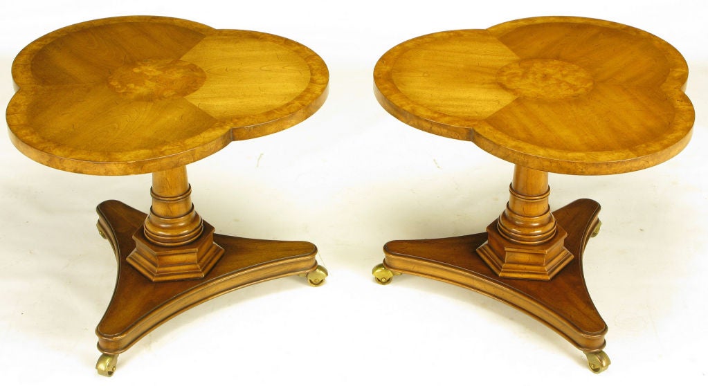 American Pair Weiman Trefoil Walnut & Burl Pedestal Side Tables
