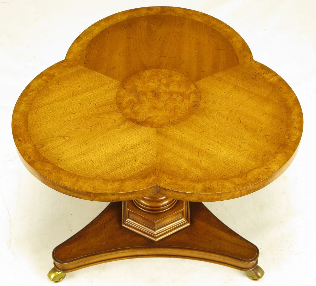 Mid-20th Century Pair Weiman Trefoil Walnut & Burl Pedestal Side Tables
