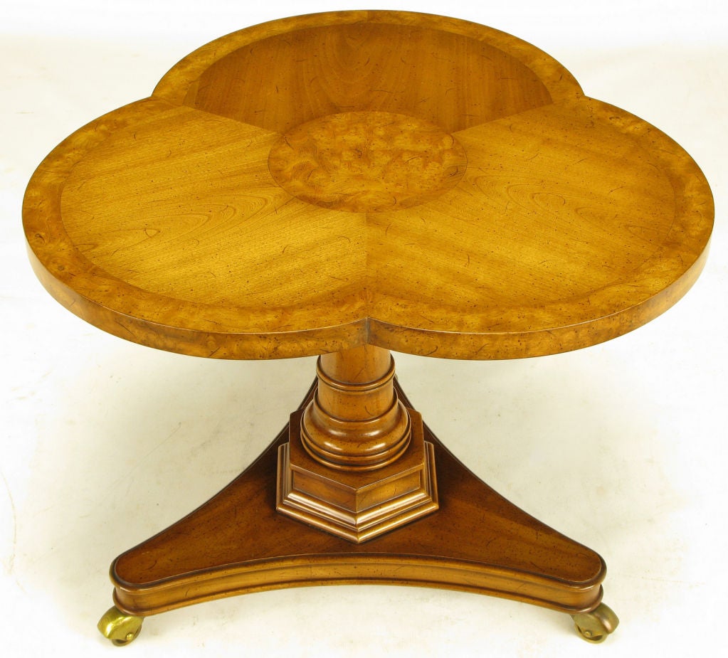 Pair Weiman Trefoil Walnut & Burl Pedestal Side Tables 1