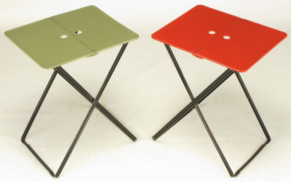 American Five Folding Metal Tray Tables In Sage, Red & Black Lacquer