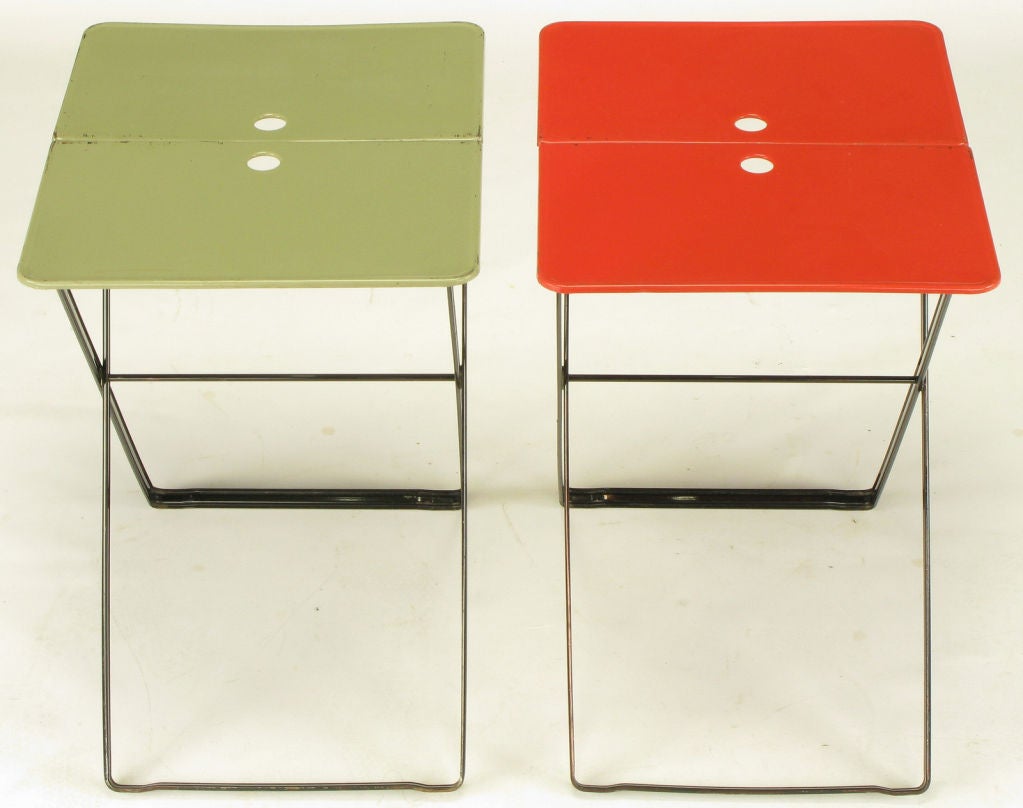 Lacquered Five Folding Metal Tray Tables In Sage, Red & Black Lacquer