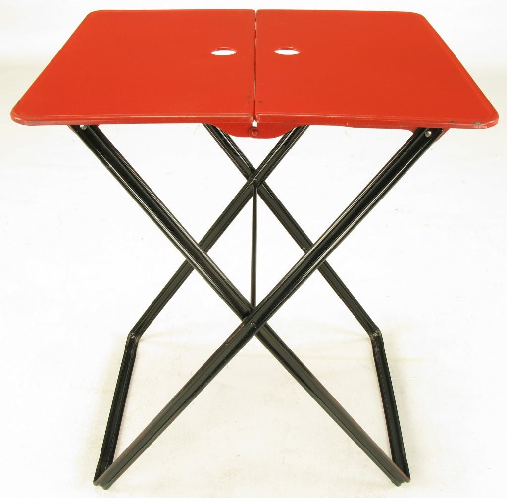 Mid-20th Century Five Folding Metal Tray Tables In Sage, Red & Black Lacquer