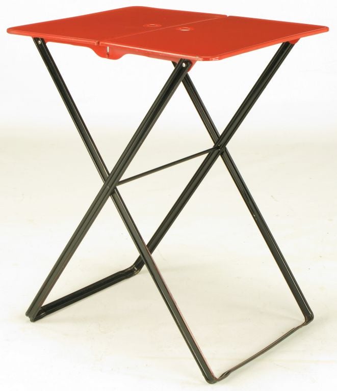 Five Folding Metal Tray Tables In Sage, Red & Black Lacquer 1