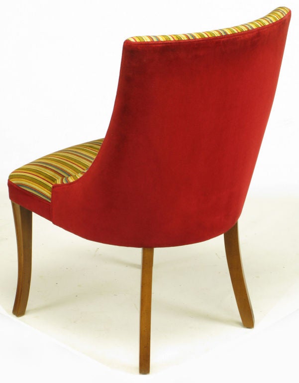 Wood Striped & Red Velvet Regency Barrel Back Chair