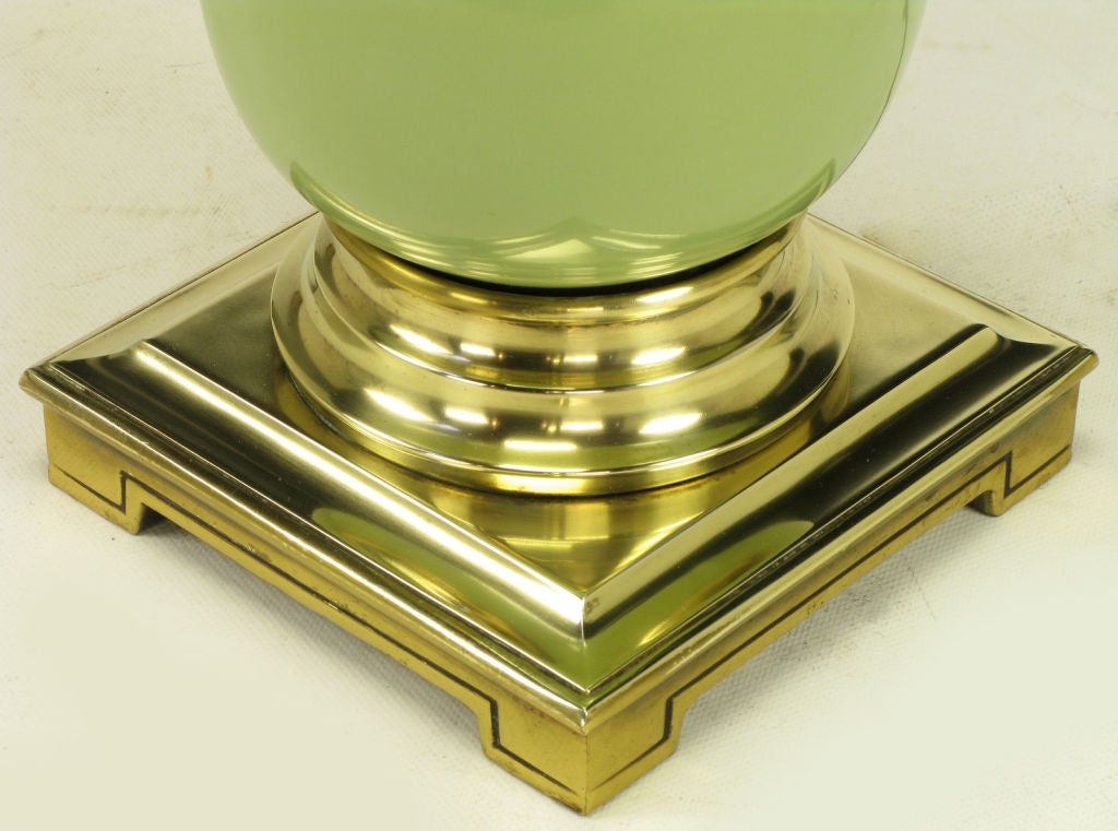 American Pair Stiffel Brass & Sage Porcelain Ostrich Egg Table Lamps