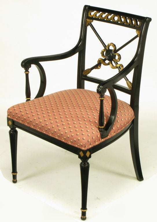 Carved Parcel Gilt & Black Lacquer Regency Arm Chair