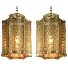 Pair Reticulated Brass Fluted Hexafoil Moroccan Pendant Lights