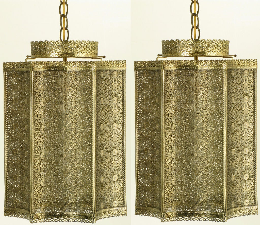 Pair Reticulated Brass Fluted Hexafoil Moroccan Pendant Lights