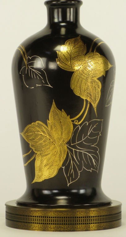 American Parcel Gilt & Hand Painted Black Porcelain & Brass Table Lamp.