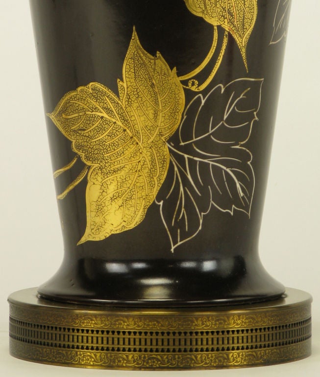 Hand-Painted Parcel Gilt & Hand Painted Black Porcelain & Brass Table Lamp.