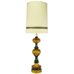 Lampe de bureau de style Empire en céramique émaillée bleu-vert et dorée à la feuille