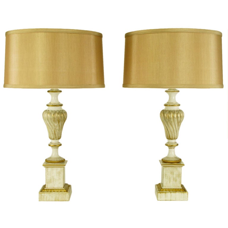 Pair Stiffel Parcel Gilt & White Lacquer Regency Table Lamps