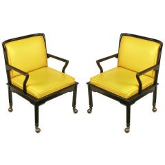 Pair Widdicomb Ebonized Wood & Saffron Upholstered Lounge Chairs
