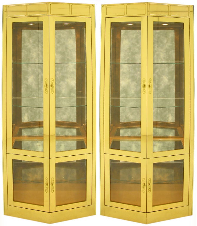 Pair Mastercraft Pentagonal Brass & Glass Vitrines.