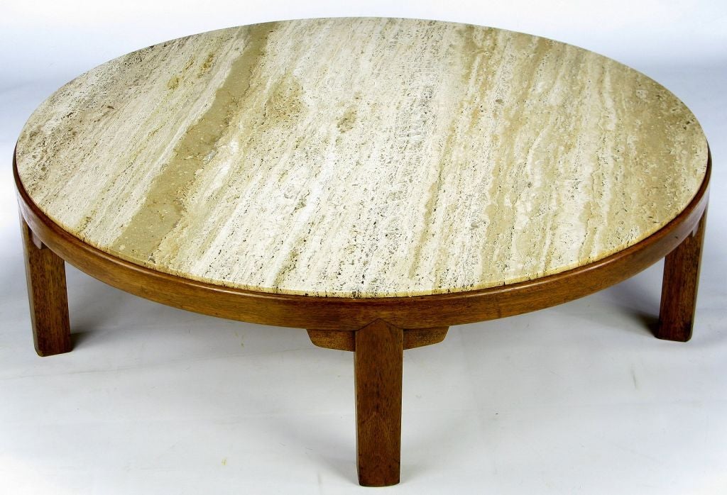 Edward Wormley Round Mahogany & Travertine Coffee Table