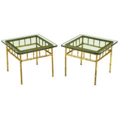 Retro Pair Glazed Gilt Metal Faux Bamboo End Tables