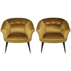 Pair Italian Style Cocoa Silk Velvet Button Tufted Lounge Chairs