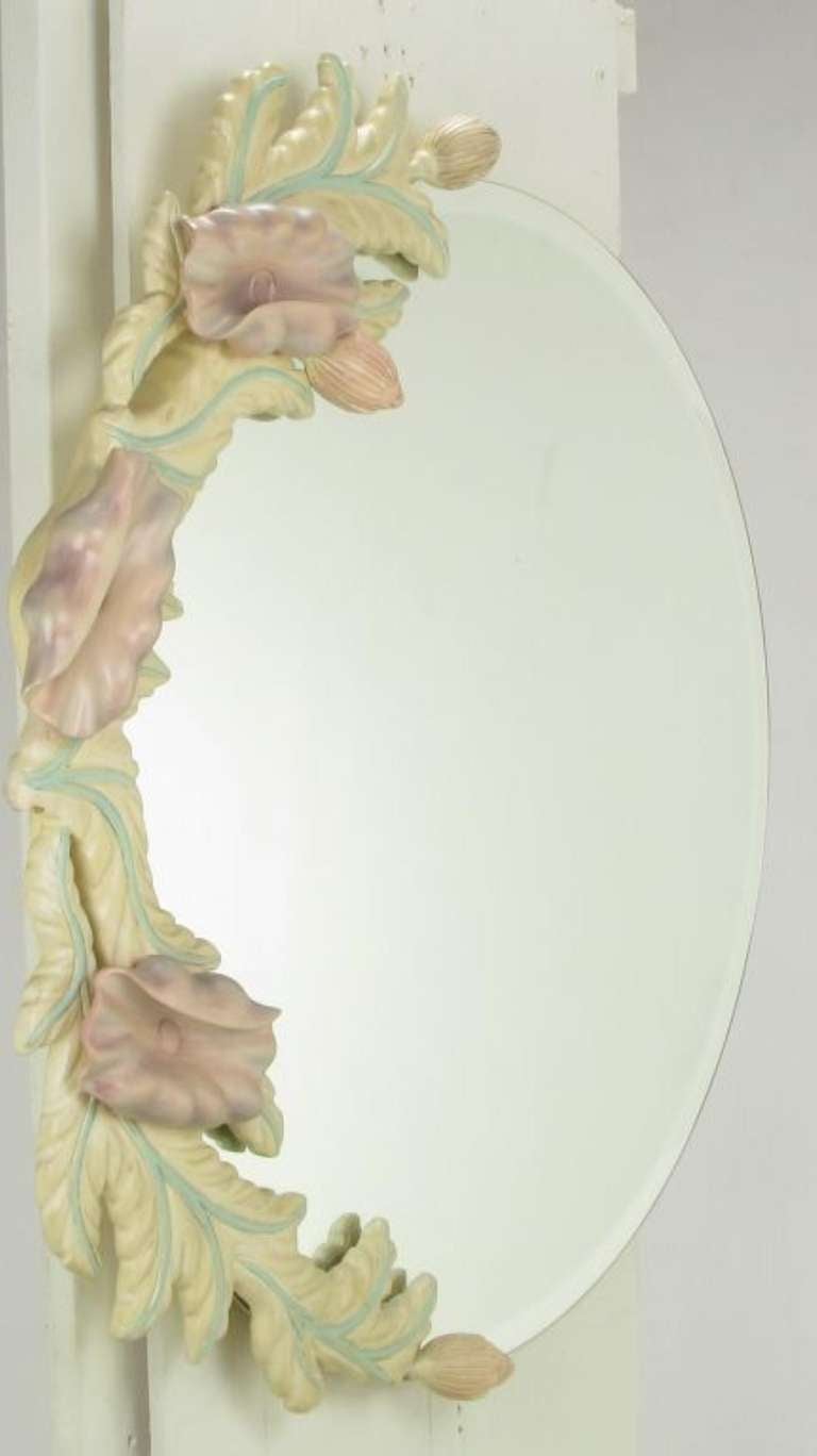 Phyllis Morris Carved Ivory & Lavender Poppies Round Mirror