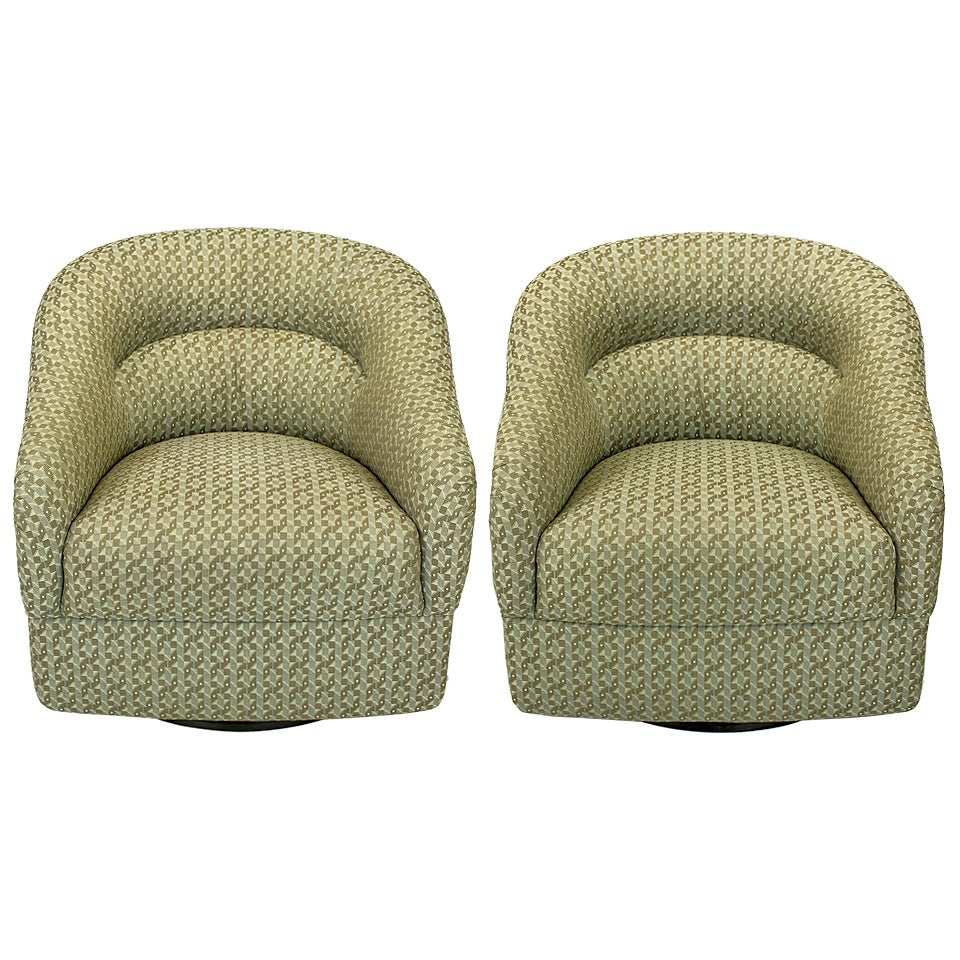 Pair Ward Bennett Barrel Back Swivel Chairs With Geometric Upholstery