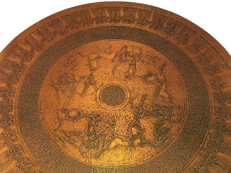 American Round Copper Leaf Relief and Ebonized Walnut Coffee Table