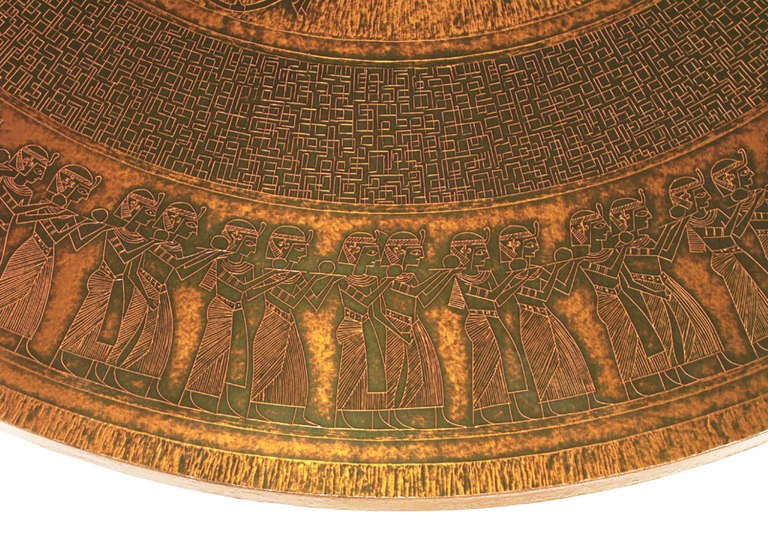Round Copper Leaf Relief and Ebonized Walnut Coffee Table In Excellent Condition In Chicago, IL