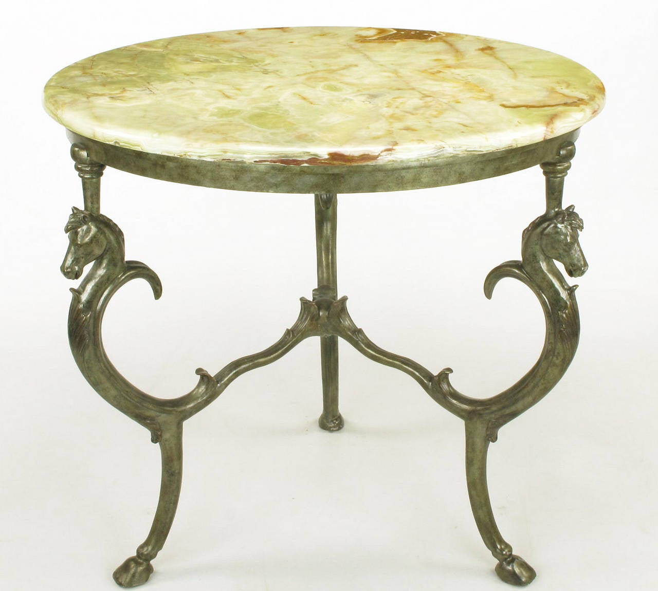 French style center table or bistro table with a trio of horse heads with hoofed legs that join at a center ball. Lacquered iron resembling aged bronze and beautifully veined onyx top.