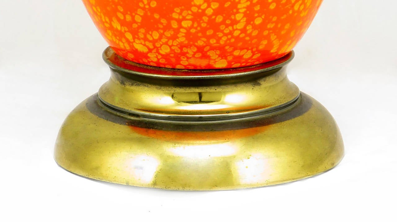 Pair of Persimmon & Gamboge Stippled Glaze Table Lamps  In Good Condition For Sale In Chicago, IL