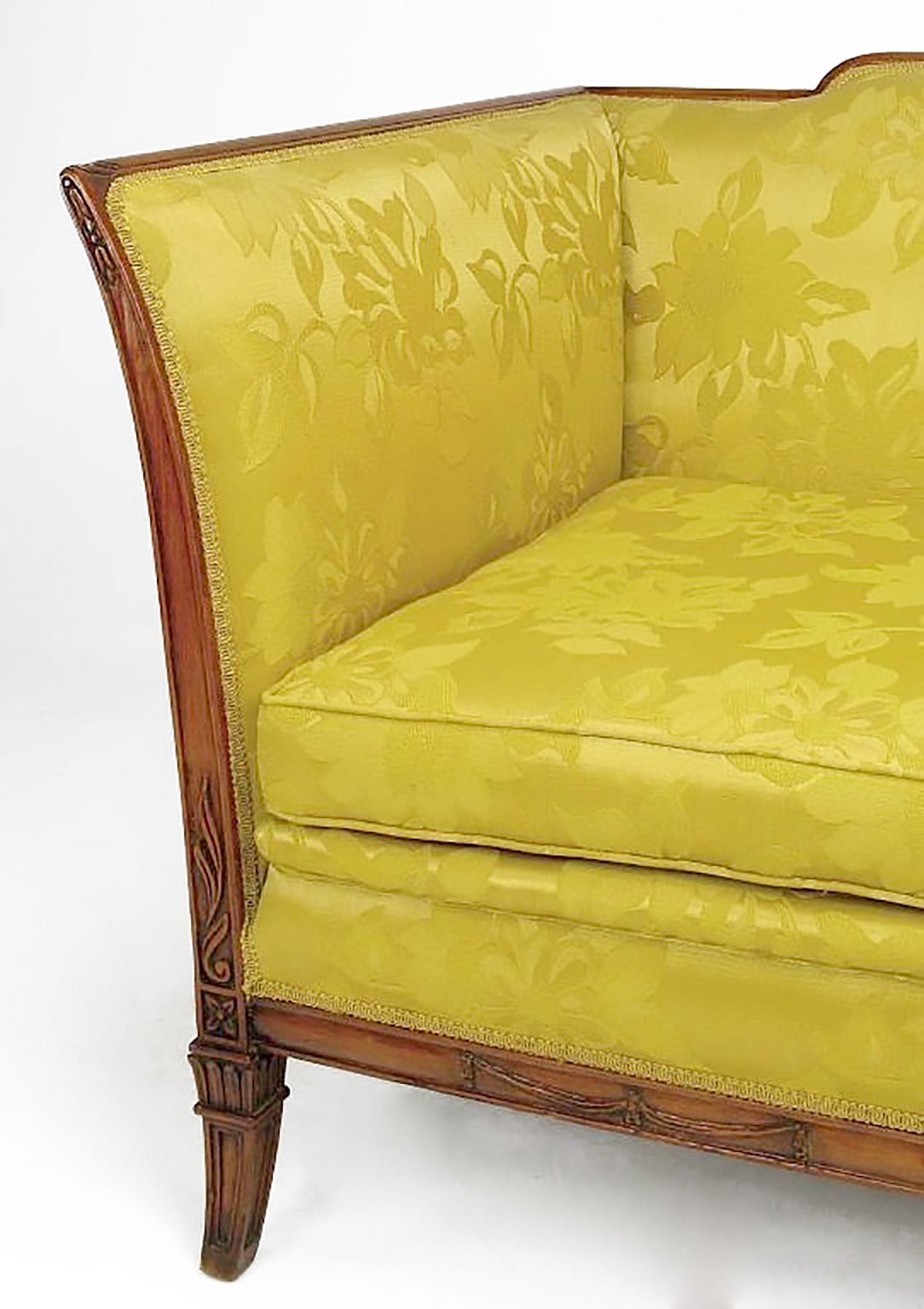 Upholstery 1940s Empire Three-Seat Sofa in Gold Damask and Carved Walnut