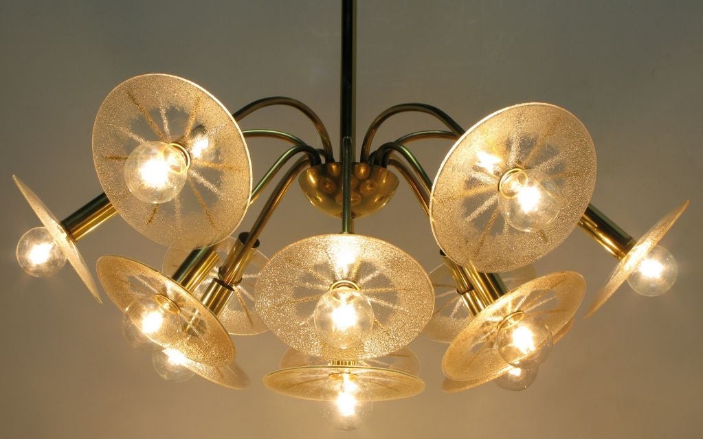 Lightolier Brass & Pebble Glass Orbital Chandelier