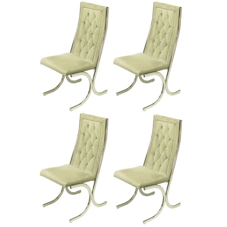 Four Howell Chrome & Gray Velvet Cantilevered Dining Chairs