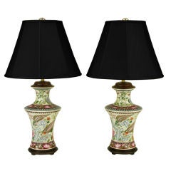 Pair Hand Painted Porcelain Chinoiserie Table Lamps