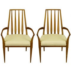 Pair Bert England Sculpted Walnut & Linen Slat Back Arm Chairs