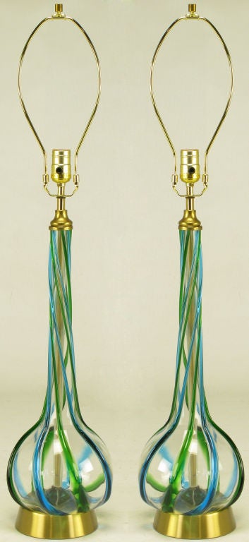 Pair Murano Blue & Green Ribbon Glass Table Lamps