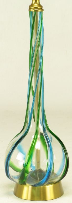 Italian Pair Murano Blue & Green Ribbon Glass Table Lamps