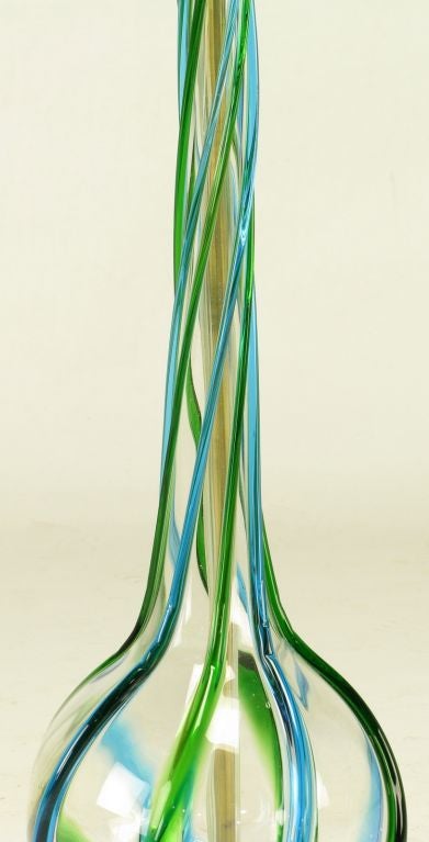Mid-20th Century Pair Murano Blue & Green Ribbon Glass Table Lamps