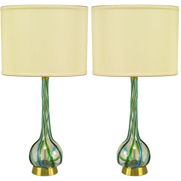 Pair Murano Blue & Green Ribbon Glass Table Lamps