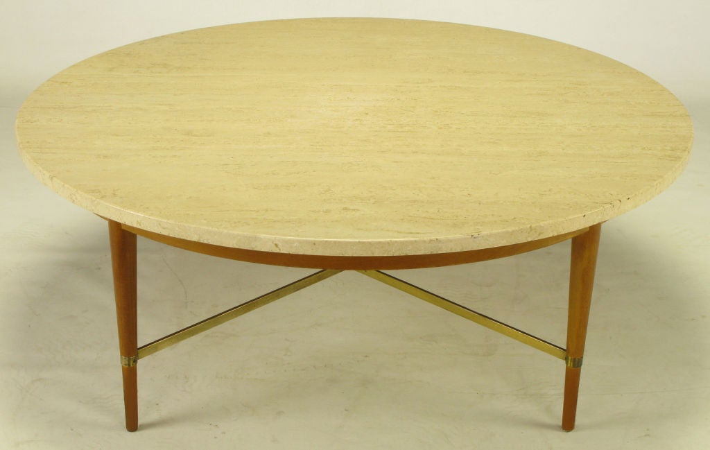 Paul McCobb Round Mahogany, Travertine & Brass Coffee Table