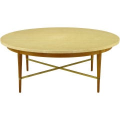 Vintage Paul McCobb Round Mahogany, Travertine & Brass Coffee Table