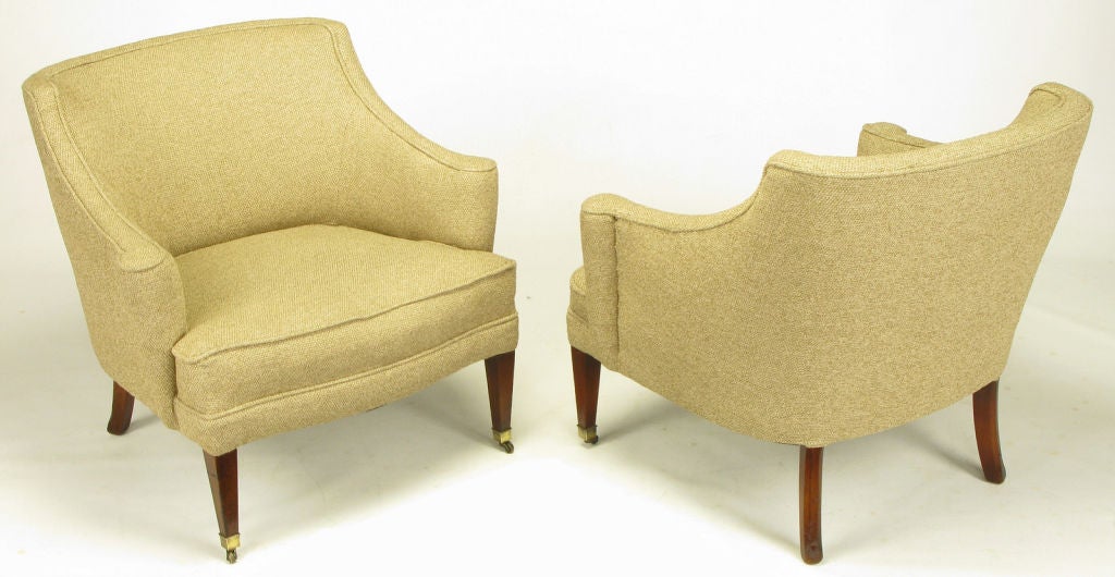American Pair 1940s Rolled Side Arm Club Chairs in Tactile Taupe Wool