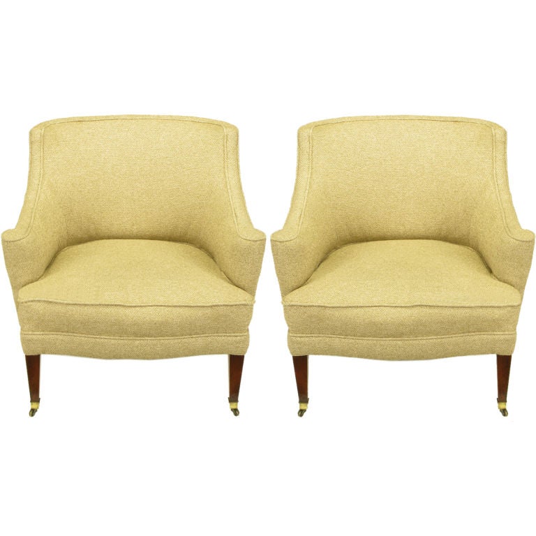 Pair 1940s Rolled Side Arm Club Chairs in Tactile Taupe Wool
