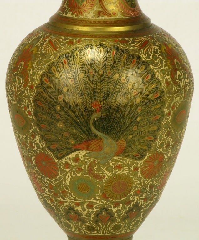 American Incised Brass & Hand Painted Peacock Vase Form Table Lamp For Sale