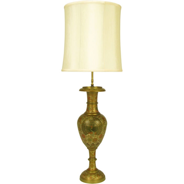 Incised Brass & Hand Painted Peacock Vase Form Table Lamp For Sale