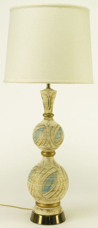Cast plaster and gesso double gourd form table lamp with spiral and elliptical etching with gold and turquoise lacquer detailing. Brass base and stem, sold sans shade.
